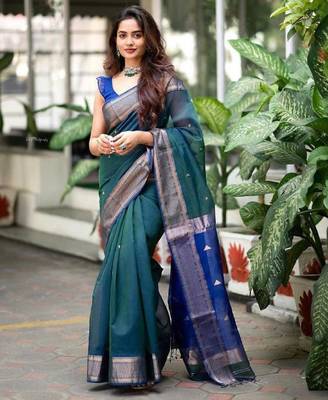 Turquoise blue silk blend banarasi saree with unstitched blouse piece 4