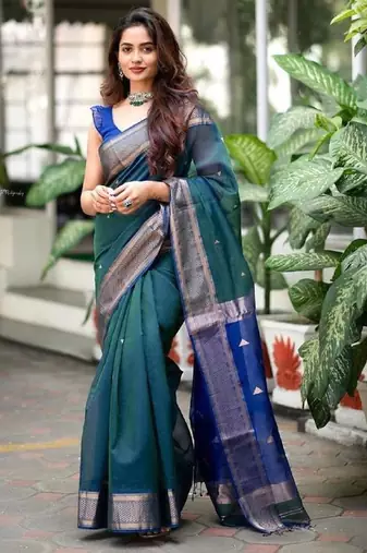 Turquoise blue silk blend banarasi saree with unstitched blouse piece