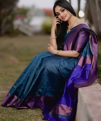 Turquoise wine silk blend banarasi saree with unstitched blouse piece 1