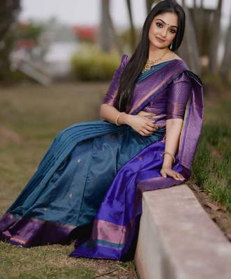 Turquoise wine silk blend banarasi saree with unstitched blouse piece 2