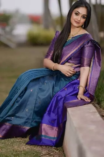 Turquoise wine silk blend banarasi saree with unstitched blouse piece