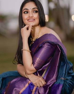 Turquoise wine silk blend banarasi saree with unstitched blouse piece 3