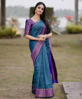 Turquoise wine silk blend banarasi saree with unstitched blouse piece 4
