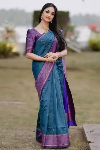 Turquoise wine silk blend banarasi saree with unstitched blouse piece