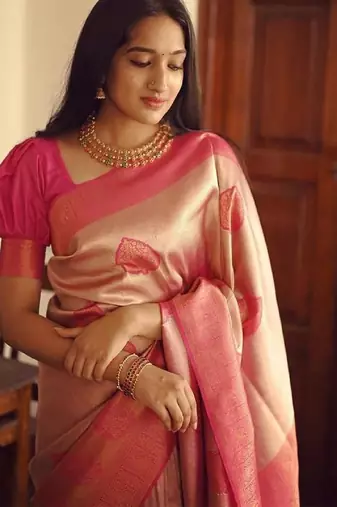Baby pink silk blend banarasi saree with unstitched blouse piece