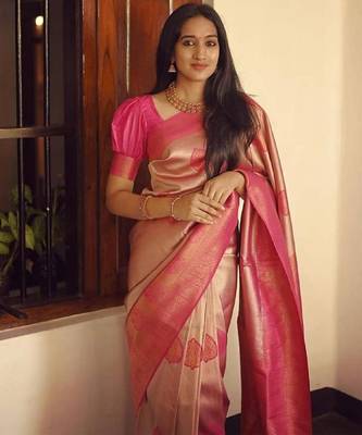 Baby pink silk blend banarasi saree with unstitched blouse piece 3