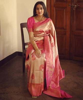 Baby pink silk blend banarasi saree with unstitched blouse piece 1