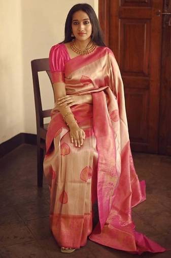 Baby pink soft silk blend banarasi jacuard work designer party wear saree with unstitched blouse piece