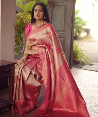 Baby pink silk blend banarasi saree with unstitched blouse piece 4