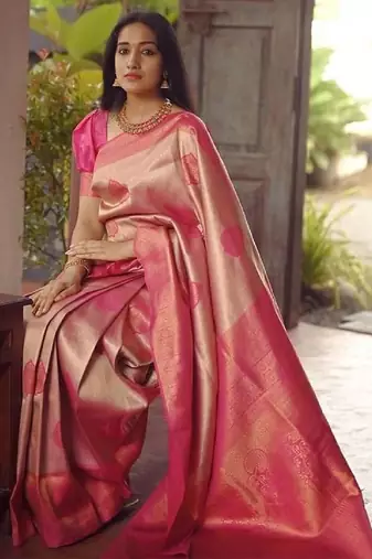 Baby pink silk blend banarasi saree with unstitched blouse piece
