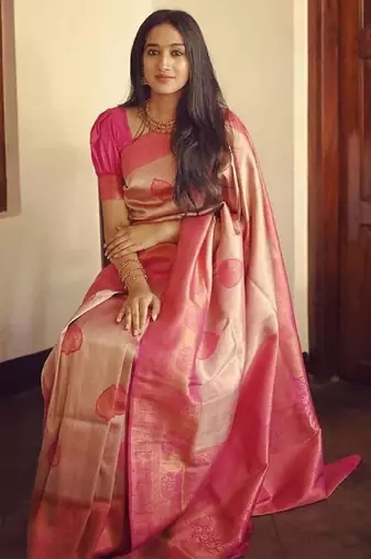 Baby pink silk blend banarasi saree with unstitched blouse piece