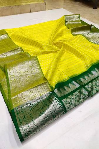Yellow green silk blend banarasi saree with unstitched blouse piece