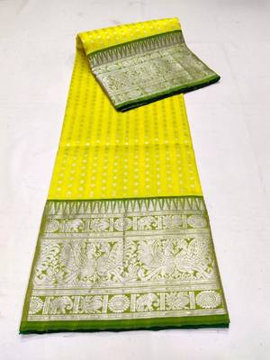 Yellow green silk blend banarasi saree with unstitched blouse piece 2