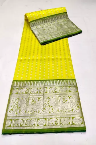 Yellow green silk blend banarasi saree with unstitched blouse piece