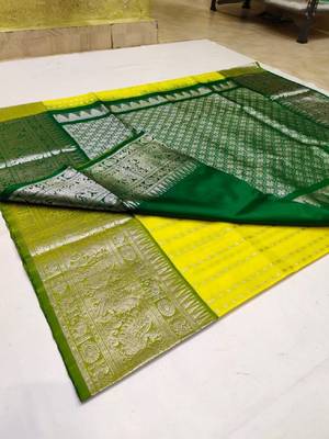 Yellow green silk blend banarasi saree with unstitched blouse piece 3