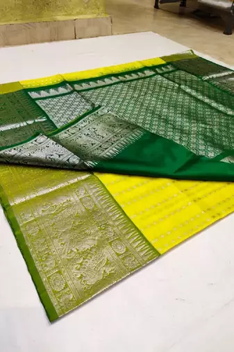 Yellow green silk blend banarasi saree with unstitched blouse piece