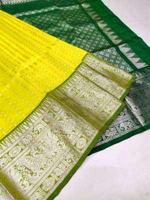 Yellow green silk blend banarasi saree with unstitched blouse piece 4
