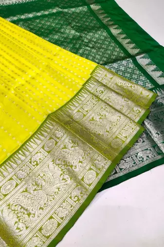 Yellow green silk blend banarasi saree with unstitched blouse piece