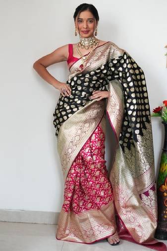 Black pink soft silk blend banarasi jacuard work designer party wear saree with unstitched blouse piece