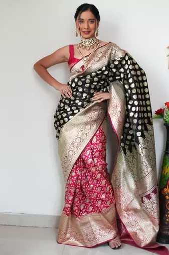 Black pink soft silk blend banarasi jacuard work designer party wear saree with unstitched blouse piece