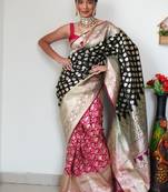 Black pink silk blend banarasi saree with unstitched blouse piece