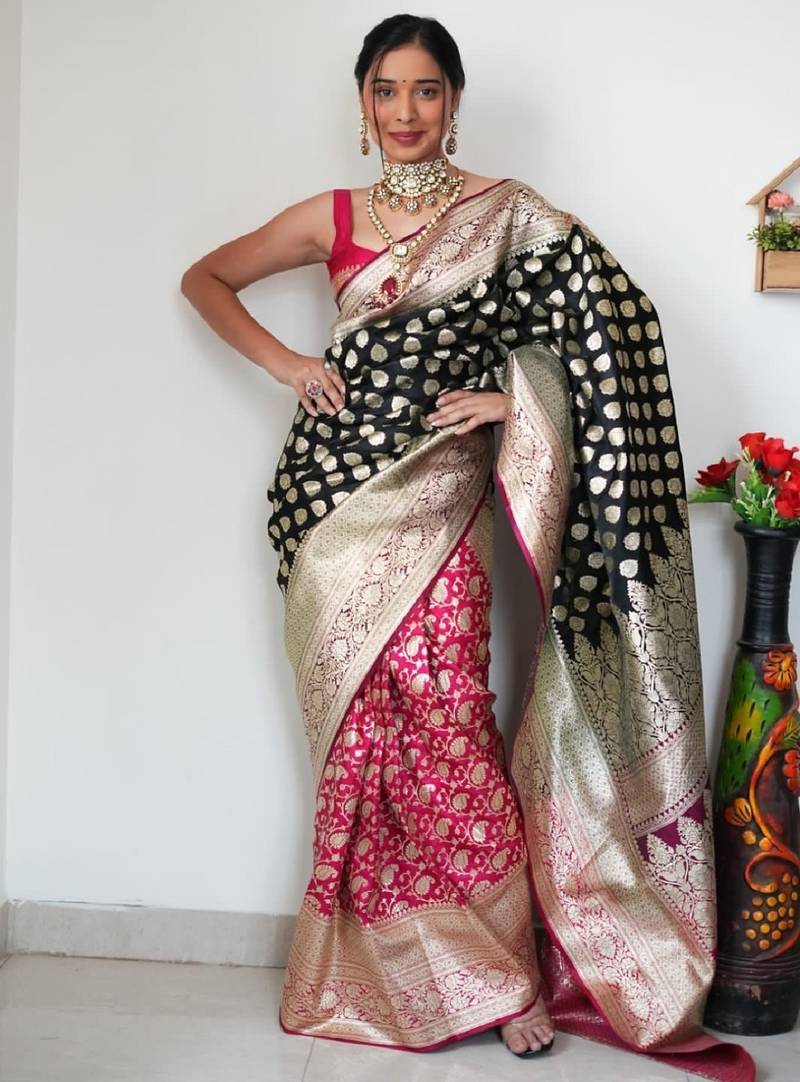 Black pink soft silk blend banarasi jacuard work designer party wear saree with unstitched blouse piece