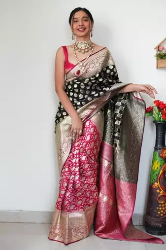 Black pink silk blend banarasi saree with unstitched blouse piece