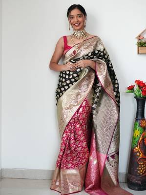 Black pink silk blend banarasi saree with unstitched blouse piece 3