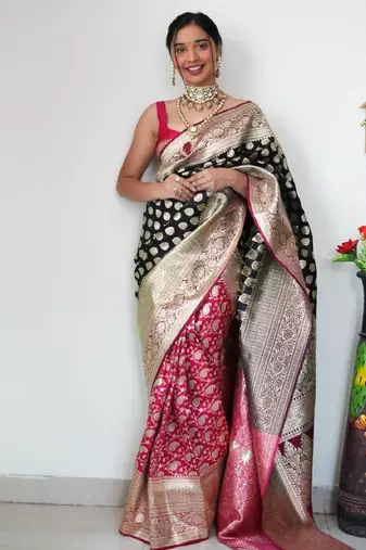 Black pink silk blend banarasi saree with unstitched blouse piece