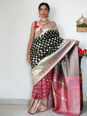 Black pink silk blend banarasi saree with unstitched blouse piece 4