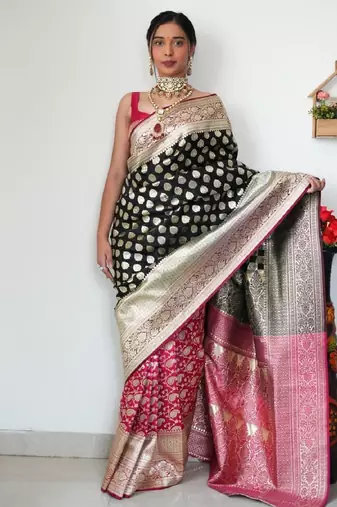 Black pink silk blend banarasi saree with unstitched blouse piece