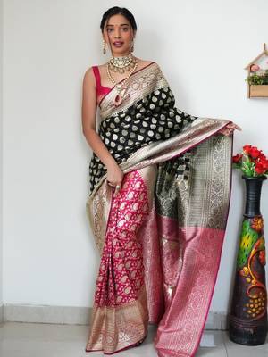 Black pink silk blend banarasi saree with unstitched blouse piece 5