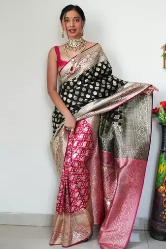 Black pink silk blend banarasi saree with unstitched blouse piece