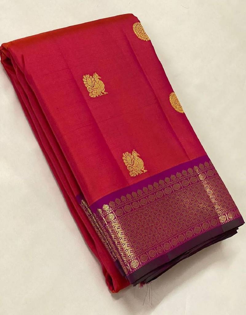 Red wine soft silk blend banarasi jacuard work designer party wear saree with unstitched blouse piece
