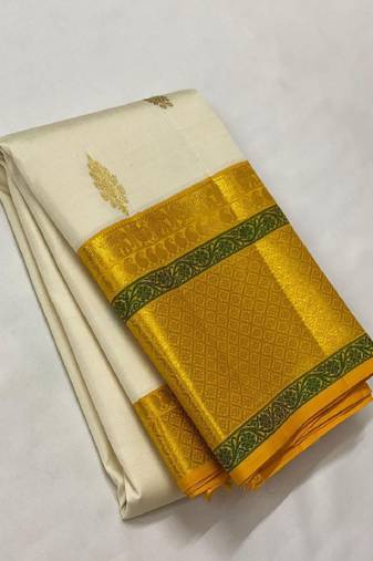 White yellow soft silk blend banarasi jacuard work designer party wear saree with unstitched blouse piece