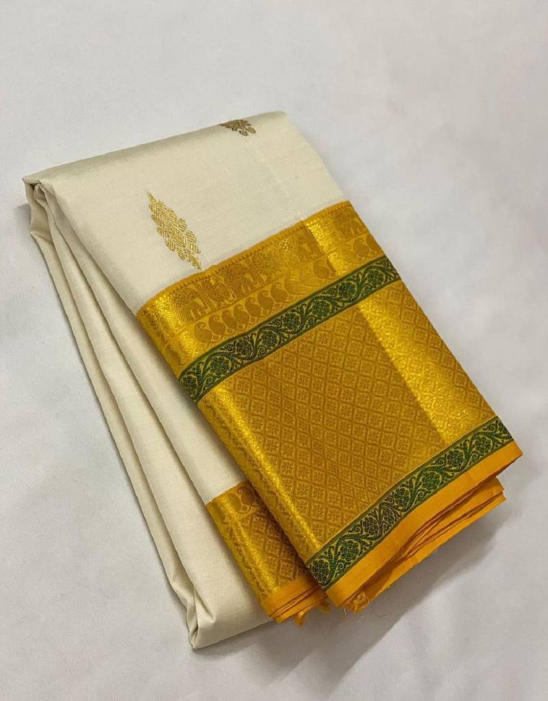 White yellow soft silk blend banarasi jacuard work designer party wear saree with unstitched blouse piece