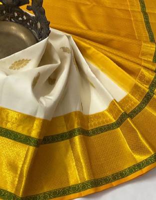 White yellow silk blend banarasi saree with unstitched blouse piece 2