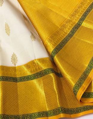 White yellow silk blend banarasi saree with unstitched blouse piece 3