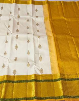 White yellow silk blend banarasi saree with unstitched blouse piece 5
