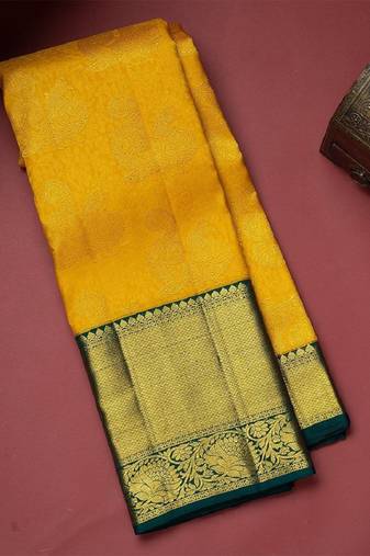 Yellow green soft silk blend banarasi jacuard work designer party wear saree with unstitched blouse piece