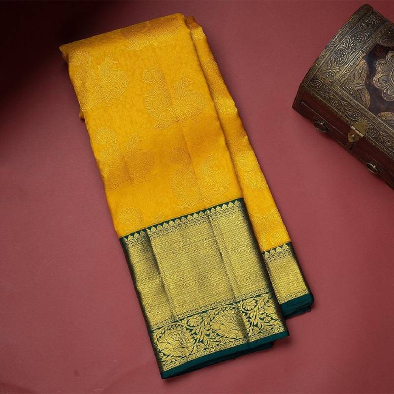 Yellow green soft silk blend banarasi jacuard work designer party wear saree with unstitched blouse piece