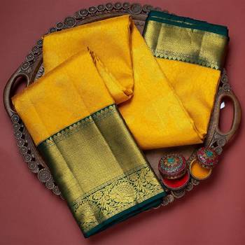 Yellow green silk blend banarasi saree with unstitched blouse piece 2