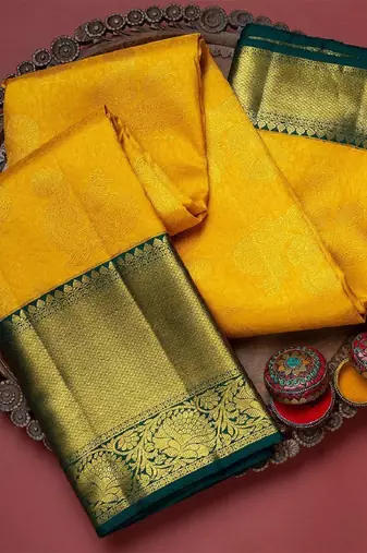 Yellow green silk blend banarasi saree with unstitched blouse piece
