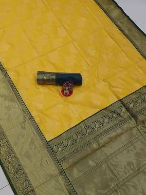 Yellow green silk blend banarasi saree with unstitched blouse piece 3