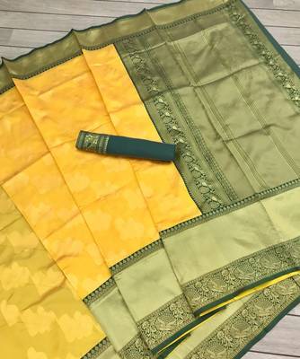 Yellow green silk blend banarasi saree with unstitched blouse piece 4