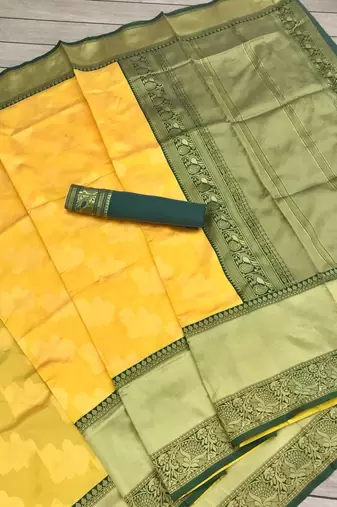 Yellow green silk blend banarasi saree with unstitched blouse piece