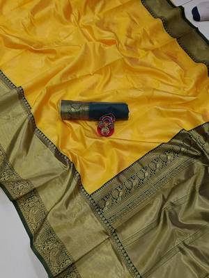 Yellow green silk blend banarasi saree with unstitched blouse piece 5