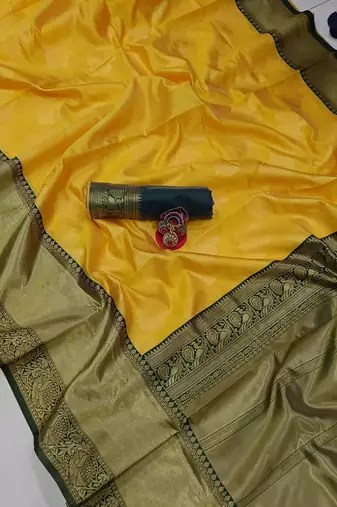 Yellow green silk blend banarasi saree with unstitched blouse piece