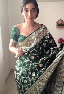Green linen blend banarasi saree with unstitched blouse piece 2