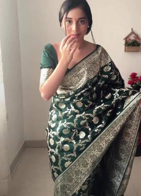 Green linen blend banarasi saree with unstitched blouse piece 1